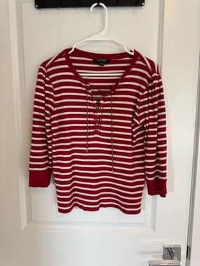 Ralph Lauren Red and White Striped Lace-Up Long Sleeve Top